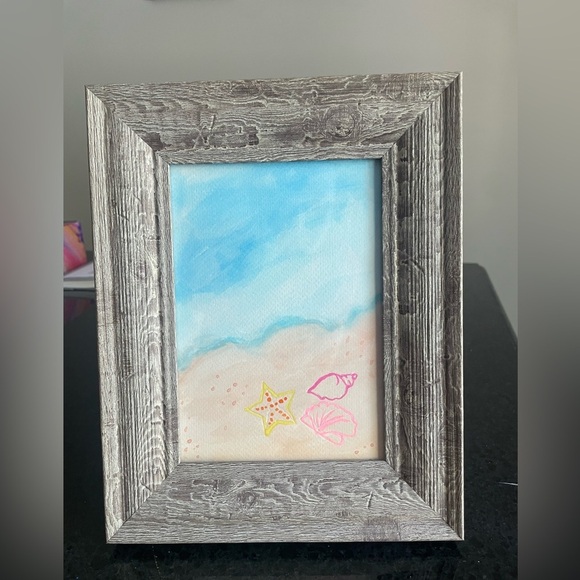 Watercolor Beach Scene Framed Art with Blue and Pink Accents - Picture 1 of 4